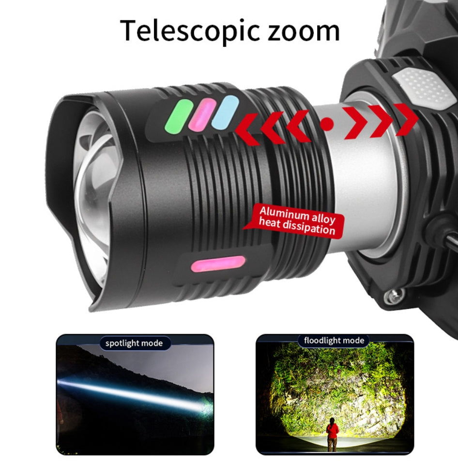 Linterna frontal LED de alta potencia de 30 W, recargable vía USB, fluorescente, resistente al agua, con zoom, para acampar al aire libre y pescar