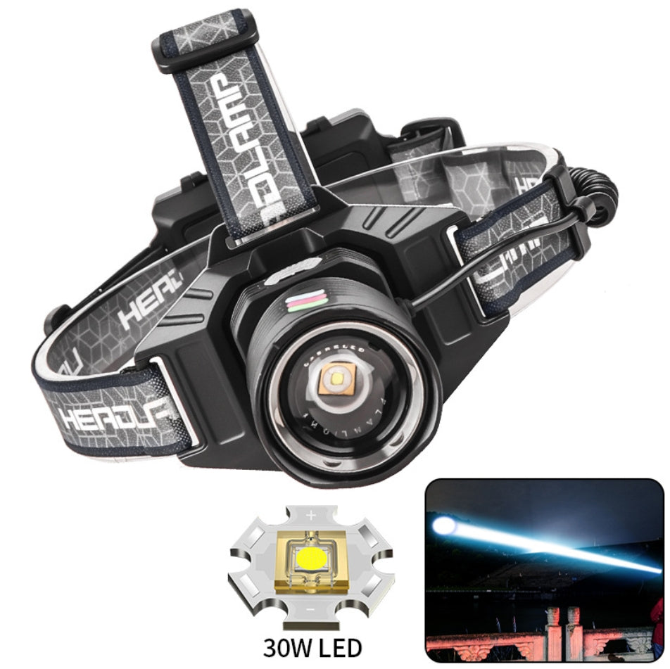 Linterna frontal LED de alta potencia de 30 W, recargable vía USB, fluorescente, resistente al agua, con zoom, para acampar al aire libre y pescar