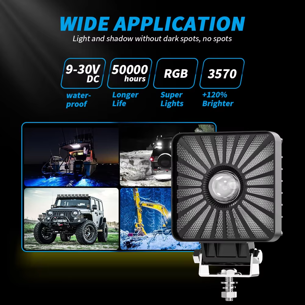 New Design Square LED Strobe Light Motorcycle Spotlight RGB 35W Work Light For Off-road Motorcycle Electric Vehicle Forklift