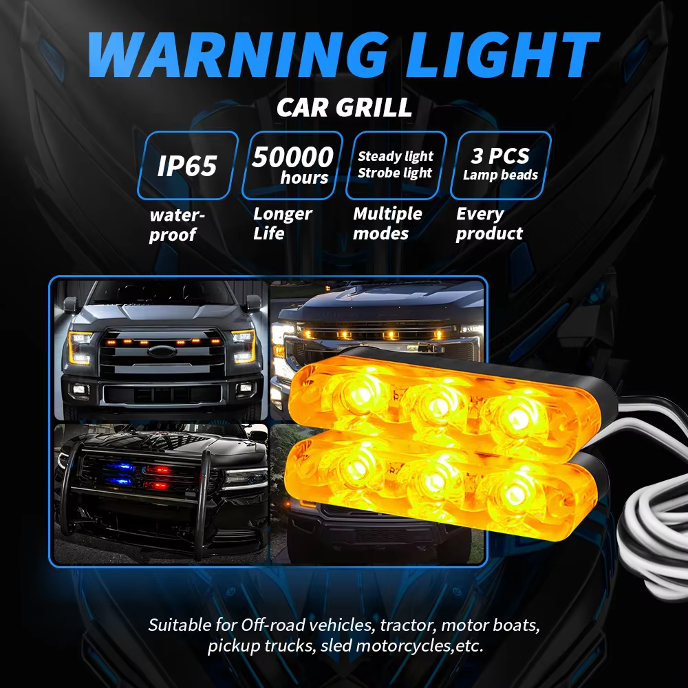 3 LED Car Front Grille Strobe Police Lights Flash Warning Lamp Red Blue Yellow Rescue Vehicle Emergency Flasher Signal Lighting