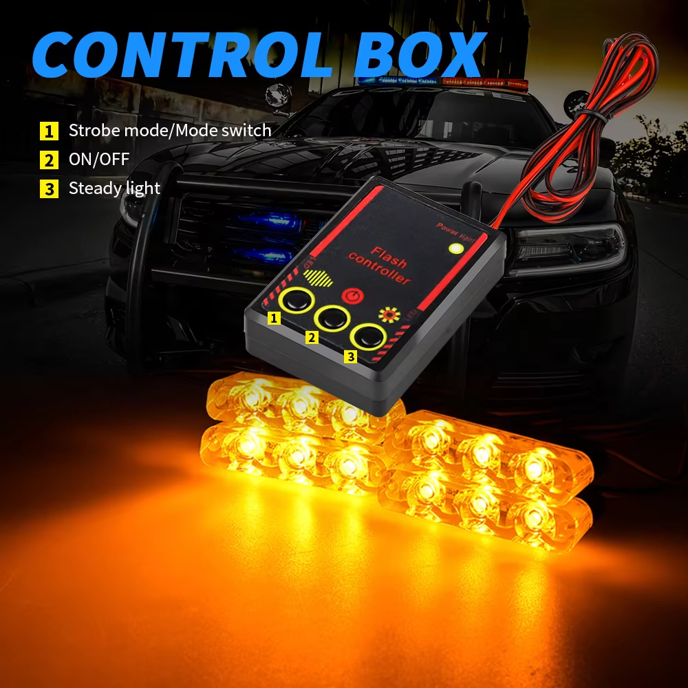 3 LED Car Front Grille Strobe Police Lights Flash Warning Lamp Red Blue Yellow Rescue Vehicle Emergency Flasher Signal Lighting
