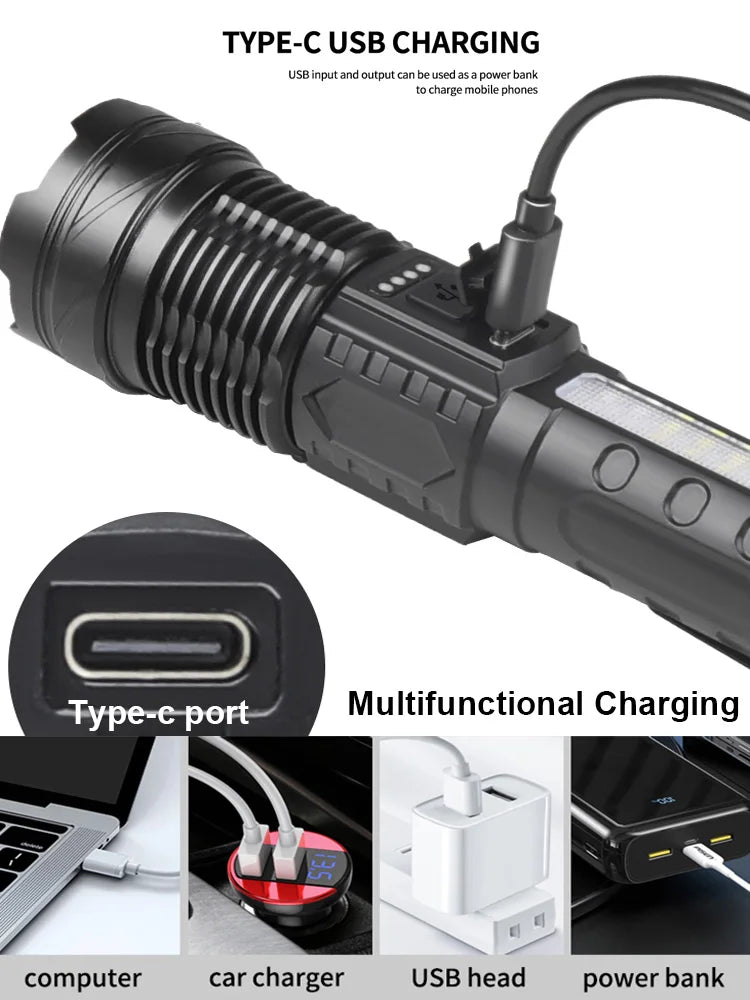 Linterna LED de alta potencia con mecha blanca LED de 30 W, linterna superbrillante con 8 modos de iluminación y zoom