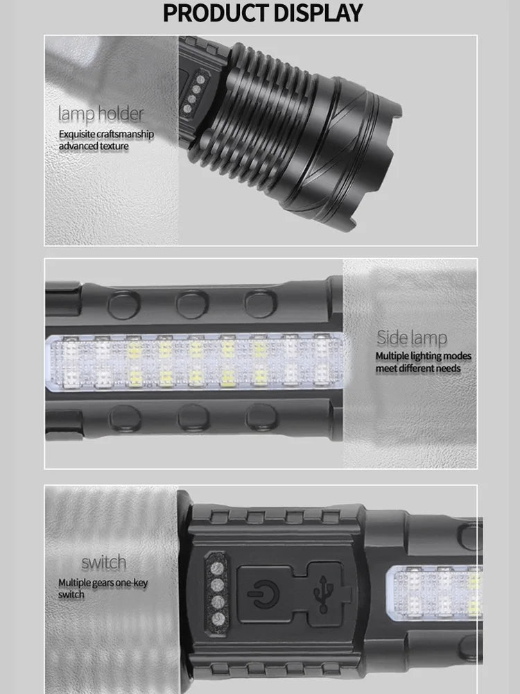 Linterna LED de alta potencia con mecha blanca LED de 30 W, linterna superbrillante con 8 modos de iluminación y zoom