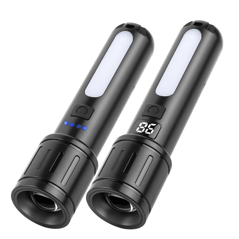 LED Flashlight Telescopic Zoom Dual Color Side Lights Fast Charge Aluminum Alloy Waterproof Outdoor Camping Emergency Light