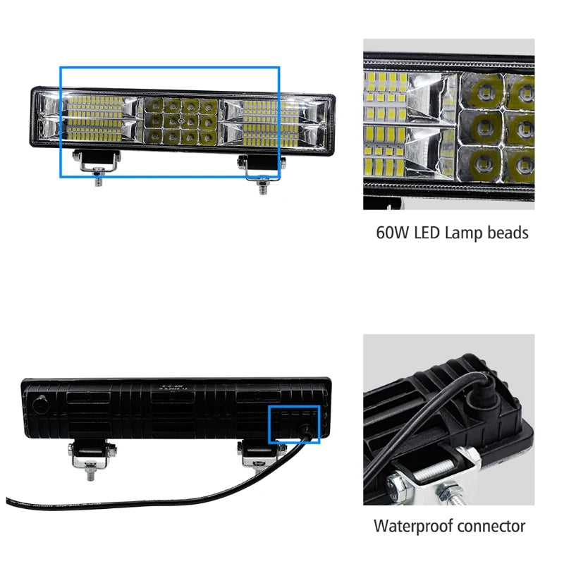 Nueva barra de luces LED ultradelgada de 60 LED, barra de luces LED de doble fila de 12 pulgadas, luz de trabajo combinada, luces de conducción para automóviles SUV