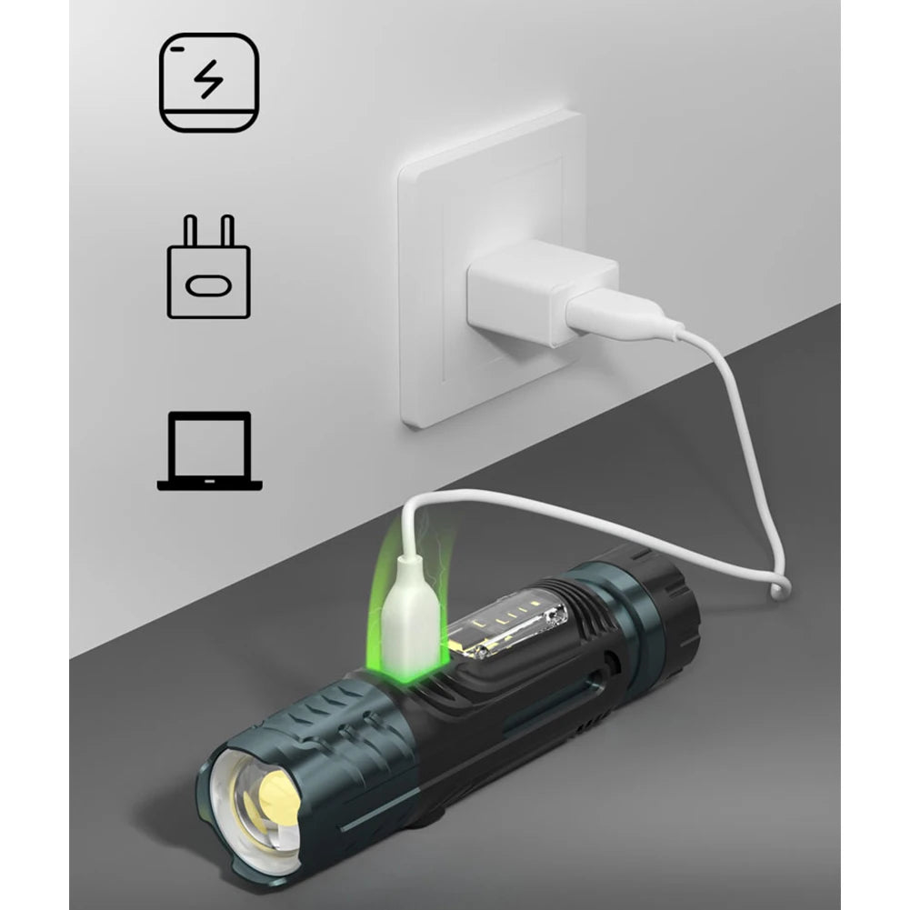 Zoomable LED Flashlight 3 Modes Waterproof Torch Working Lamp USB Charging Outdoor Camping Light Portable Repair Light