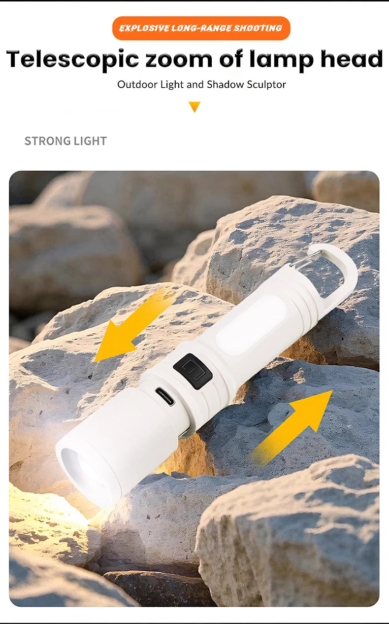 Strong and ultra bright long-range flashlight with adjustable zoom and multiple levels of focus, floodlight, and long-range las