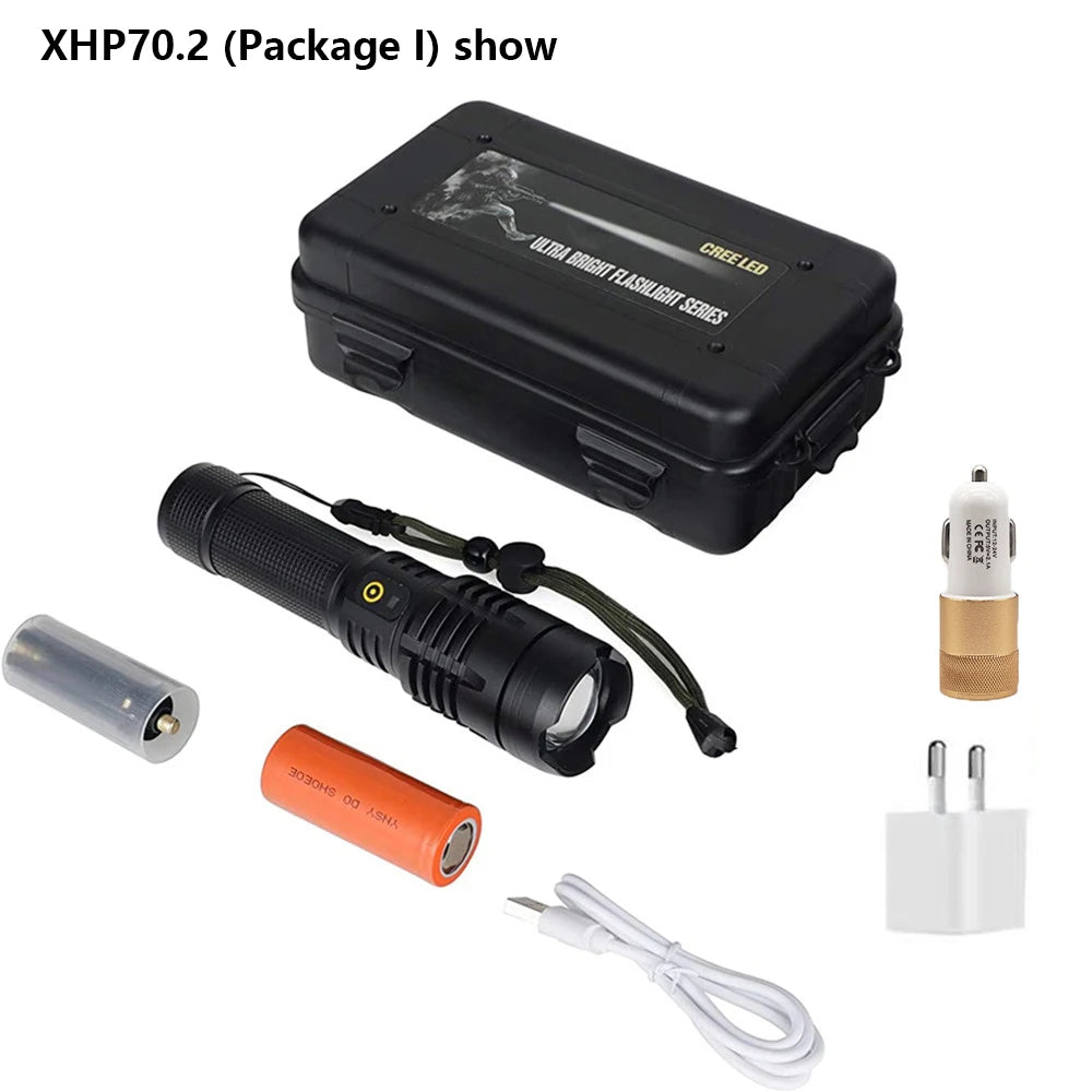 أقوى مصباح يدوي تكتيكي LED XHP70.2 قابل لإعادة الشحن عبر USB XHP50.2 مصباح يدوي زووم فانوس تخييم للاستخدام في الهواء الطلق