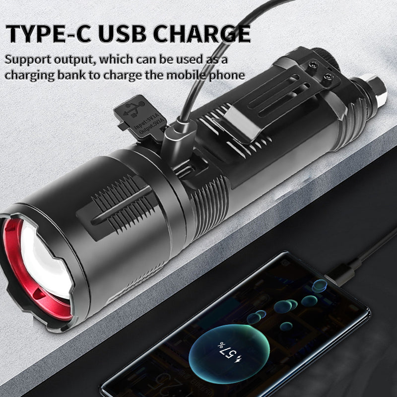 LED Flashlight Aluminum Alloy Tactical Hunting Torch USB Rechargeable Zoomable Lantern Use 18650 Battery