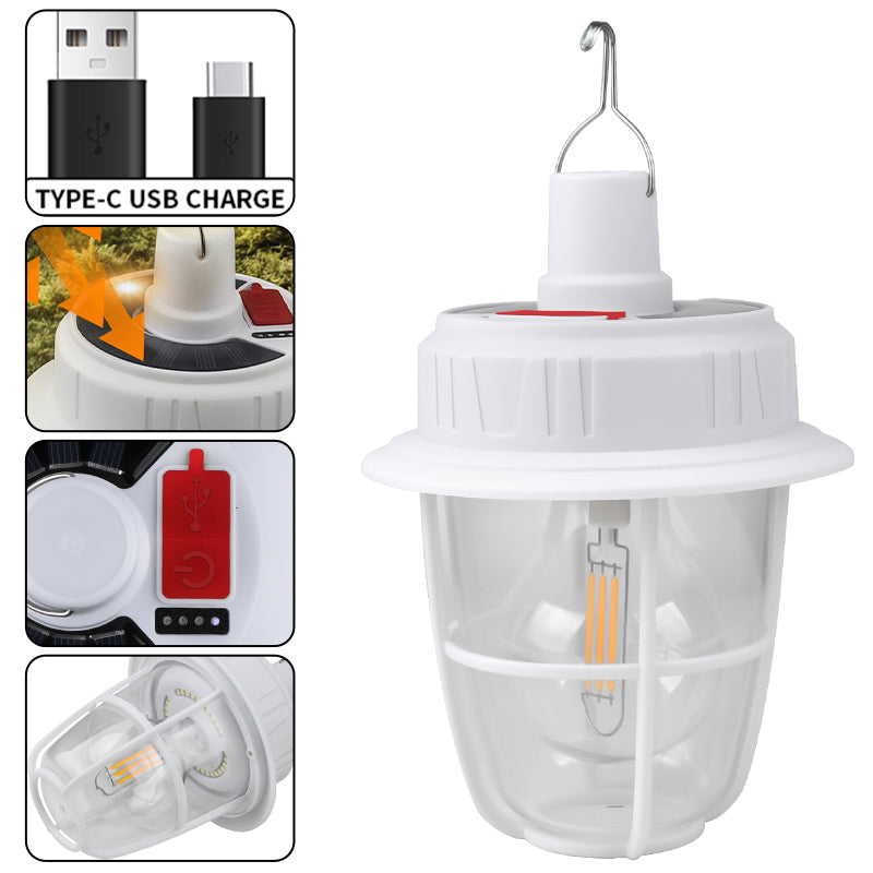 Solar USB Rechargeable Camping Lantern Portable Outdoor Tent Light with Hook Emergency Lights for Hiking Fishing Hunting