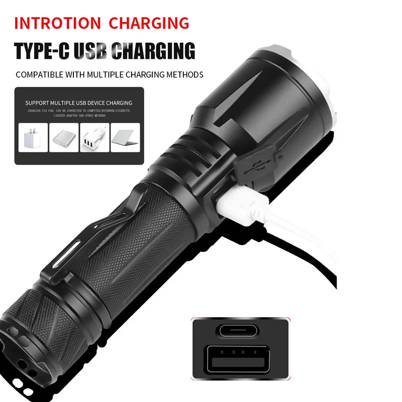 Most Powerful LED Flashlight 8000 Watts USB Rechargeable Shot Long Torch Light High Power Flashlight Tactical Lantern