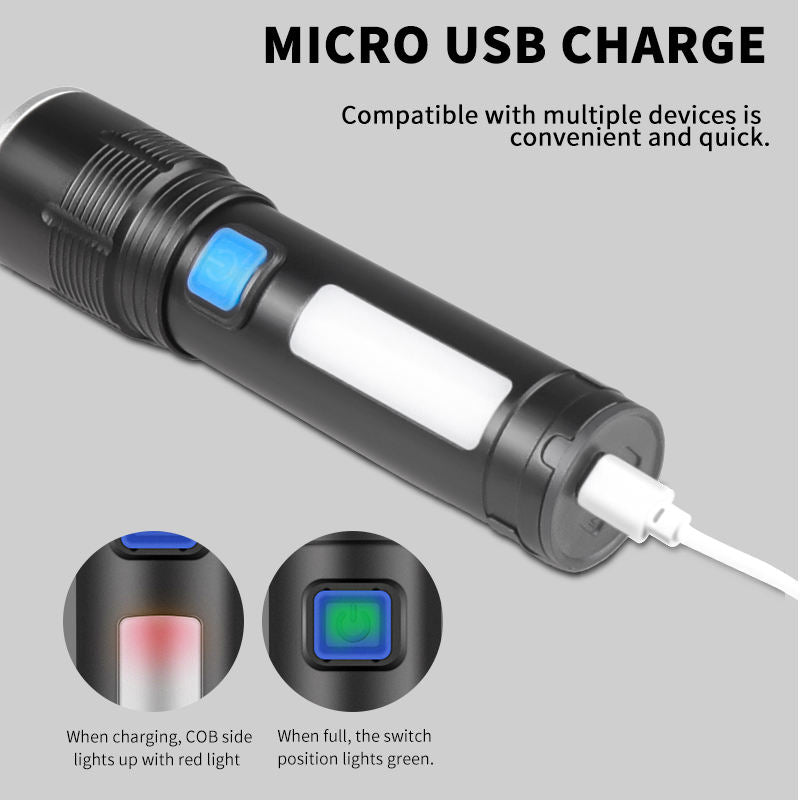 XHP50+COB 3 Modes Zoomable 1000LMS LED USB C Rechargeable Flashlight Powerful Torch with 18650 Battery Aluminum Alloy Body K37