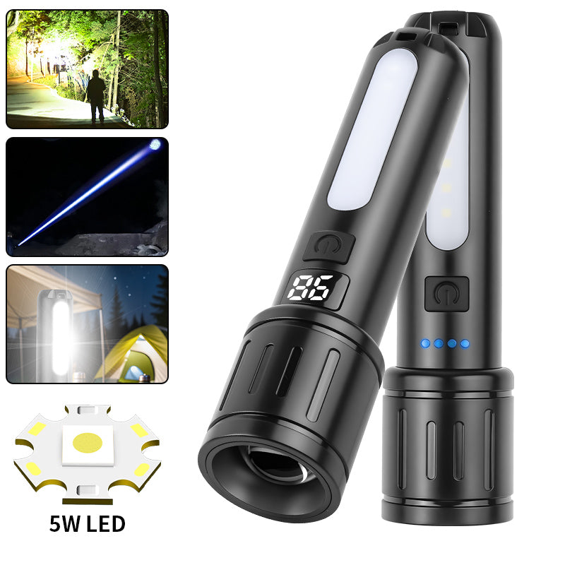 LED Flashlight Telescopic Zoom Dual Color Side Lights Fast Charge Aluminum Alloy Waterproof Outdoor Camping Emergency Light