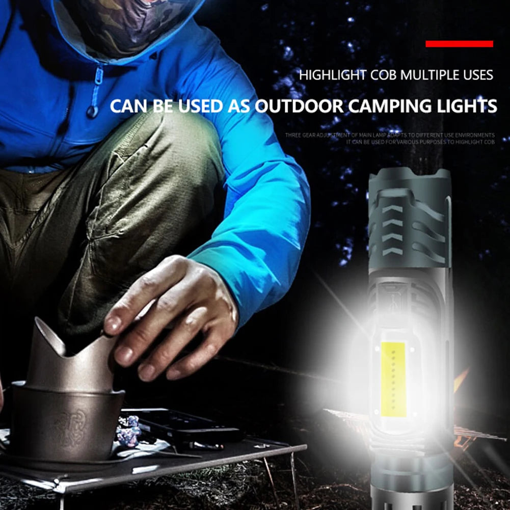 Zoomable LED Flashlight 3 Modes Waterproof Torch Working Lamp USB Charging Outdoor Camping Light Portable Repair Light
