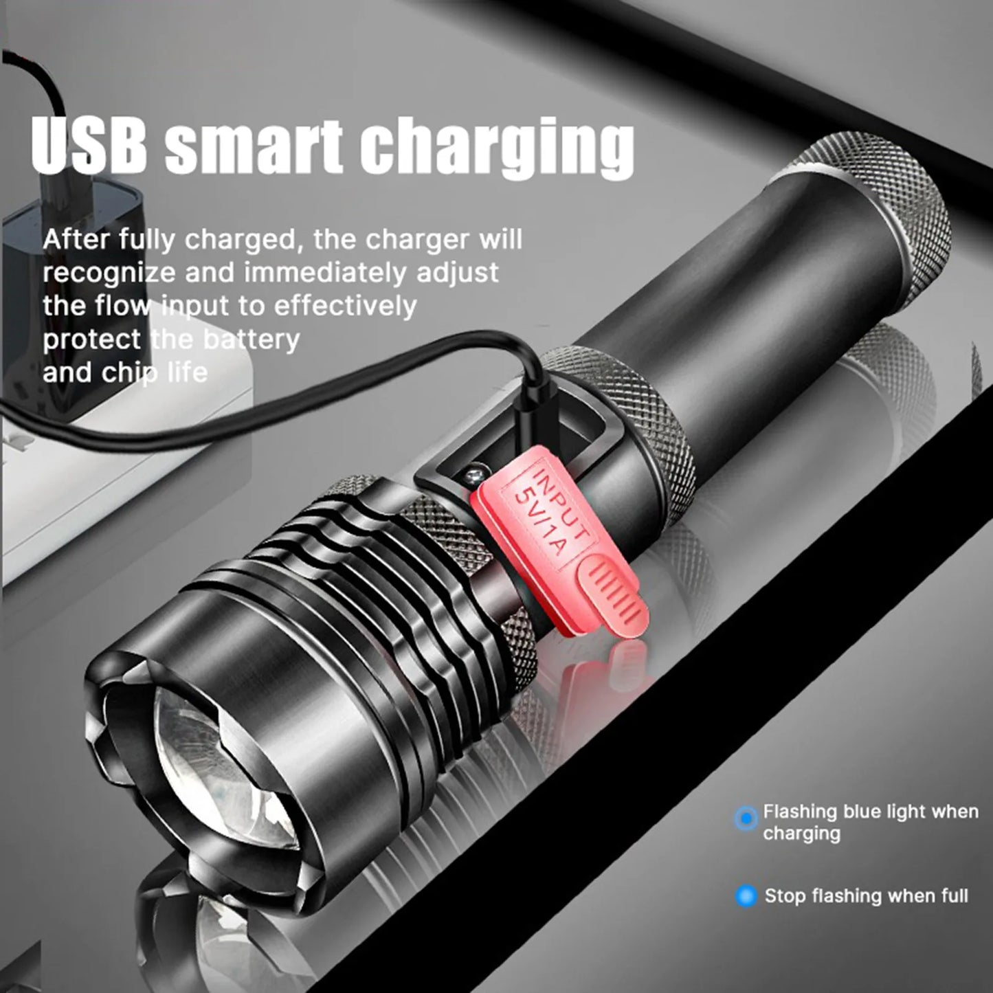 مصباح يدوي XHP50 قوي للغاية LED مزود ببطارية مدمجة ومنفذ USB قابل لإعادة الشحن ومقاوم للماء ومصباح فائق السطوع