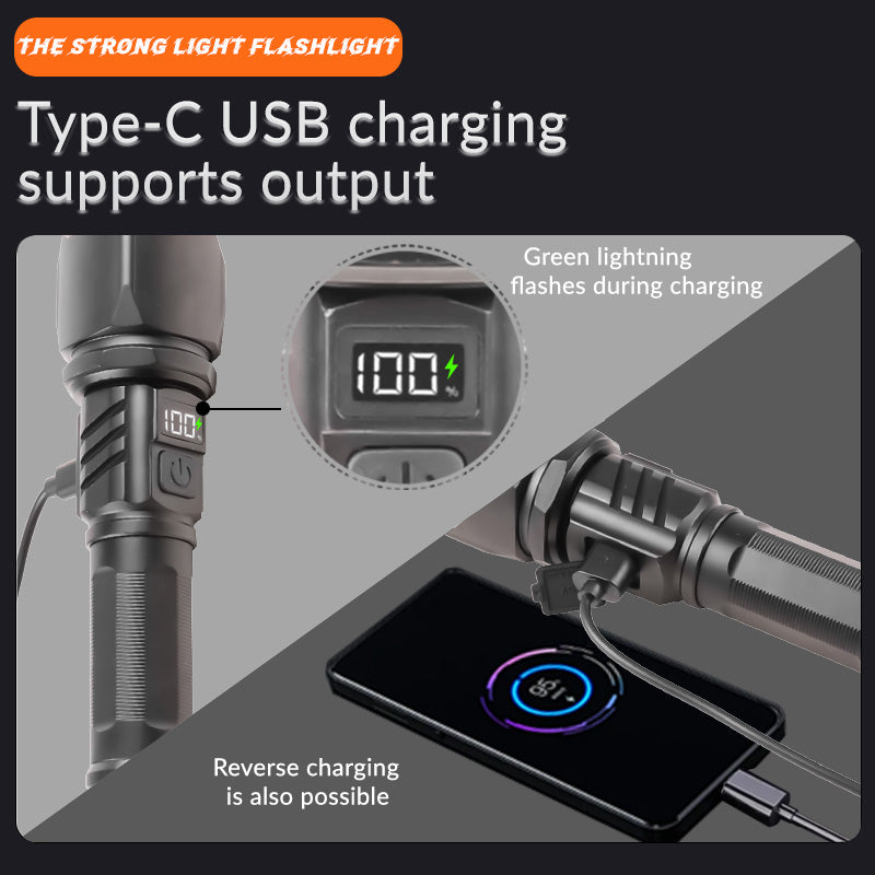 30W Long Range Flashlight 1000 Lumens Tactical Digital Power Display Aluminum Alloy LED Fluorescent Portable Outdoor Torch