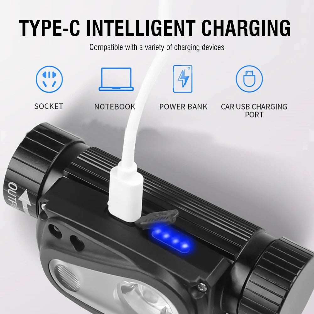 Sensor LED Headlamp USB Type C Rechargeable 18650 Headlight with Magnet Waterproof Camping Torch Powerful Head Lamp