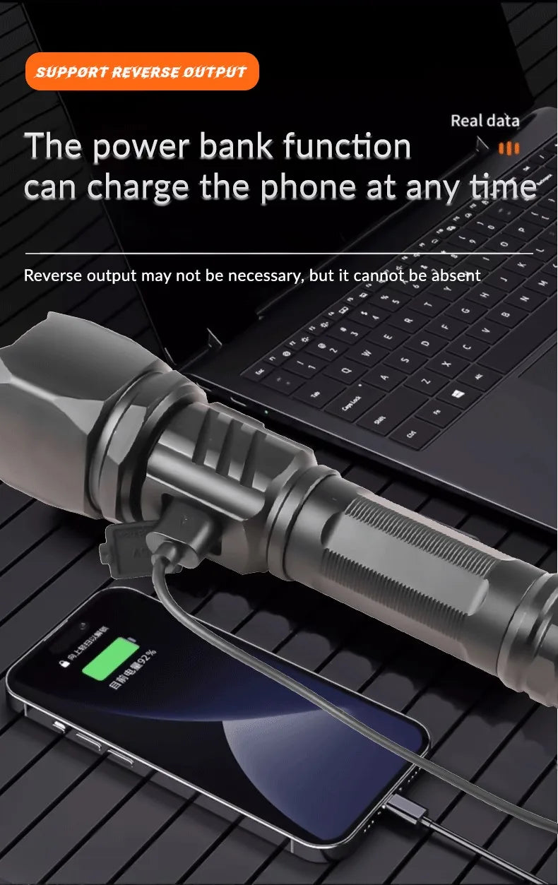 30W Long Range Flashlight 1000 Lumens Tactical Digital Power Display Aluminum Alloy LED Fluorescent Portable Outdoor Torch