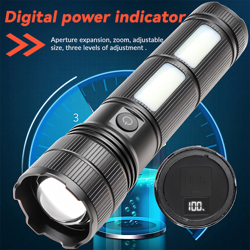 Zoomable 30W LED Flashlight Rechargeable Aluminum Alloy Tactical Torch with COB Side Lamp Camping USB C 1793