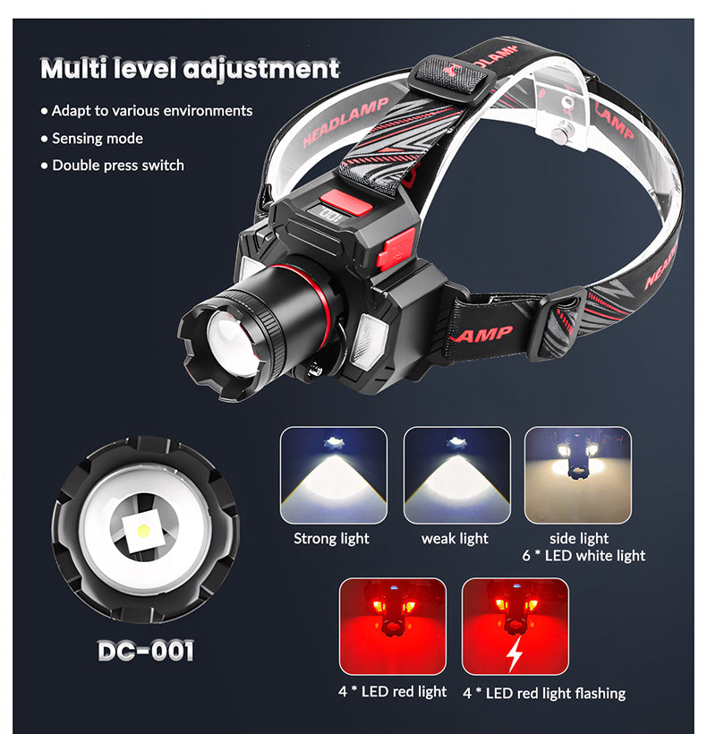 Smart Induction White Light LED Headlight Zoom USB Charging Sensor LED Headlamp Outdoor Multi-Function Head Torch Lantern Lamps