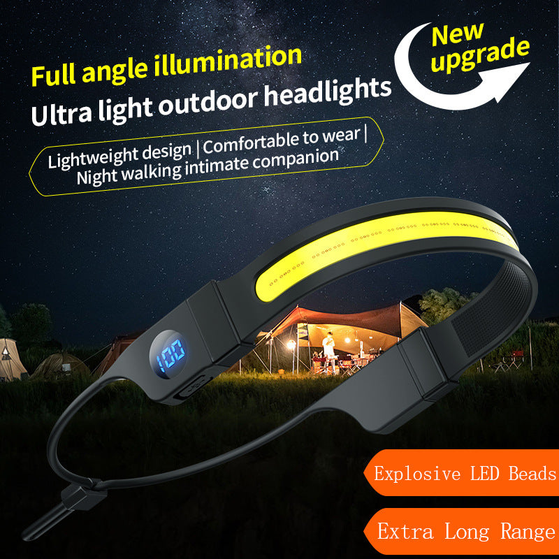 LED+COB Head Torch 3 Modes USB Rechargeable Head Flashlight Digital Power Dispaly for Camping Dog Walking Fishing Hiking