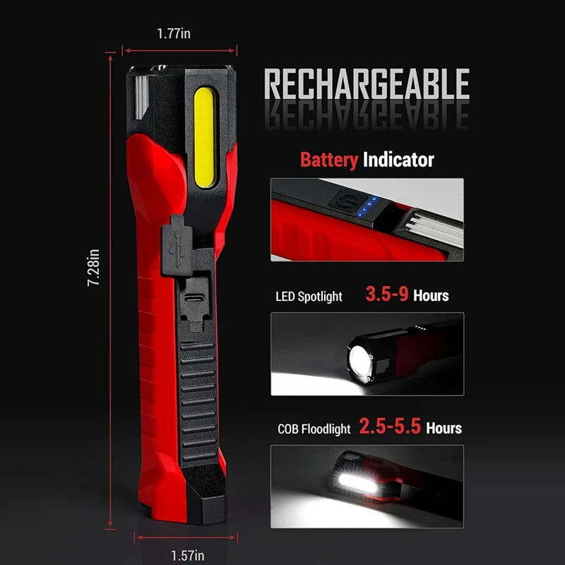 Rechargeable Work Light, Red & Black Plastic 1200 Lumens Magnetic Work Light With 160° Rotate Design