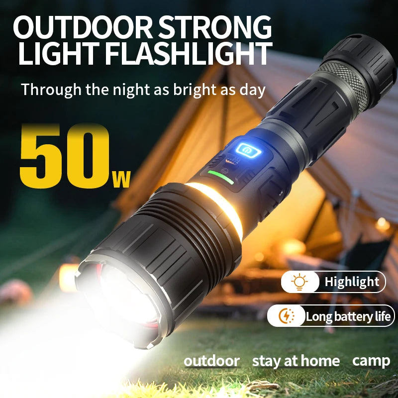 50W white laser flashlight that is extremely bright and has long-range capabilities. The lotus-shaped head can break windows