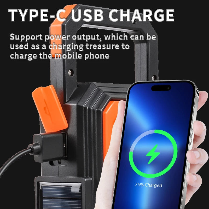 Solar charging support output with hook for hanging power indicator light oversized floodlight multifunctional protable camping