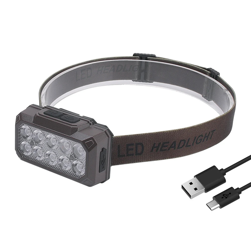 10 LEDs Motion Sensor Headlamp Type-c Rechargeable Built-in Battery Headlight Waterproof Head Torch Camping Lantern