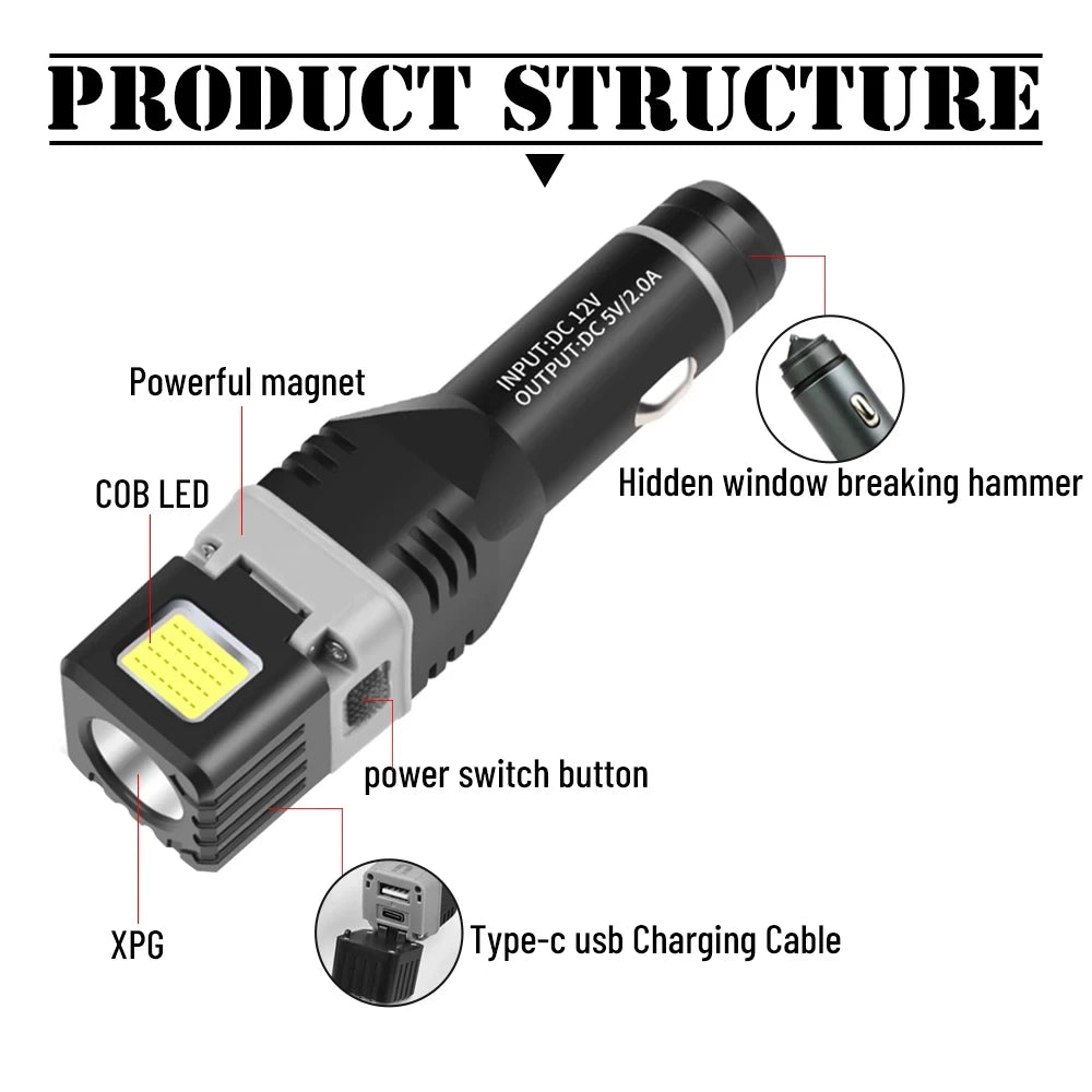 Linterna LED COB ultrabrillante con 4 modos de iluminación magnéticos, carga para automóvil, recargable por USB, luz de trabajo para exteriores impermeable