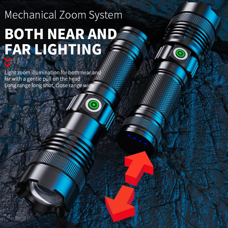 30W LED 15.7cm Pocket Flashlight Zoomable Fishing Spotlight Hiking Floodlight 1800mA USB-C Camping Emergency Torch 4Mode Warning
