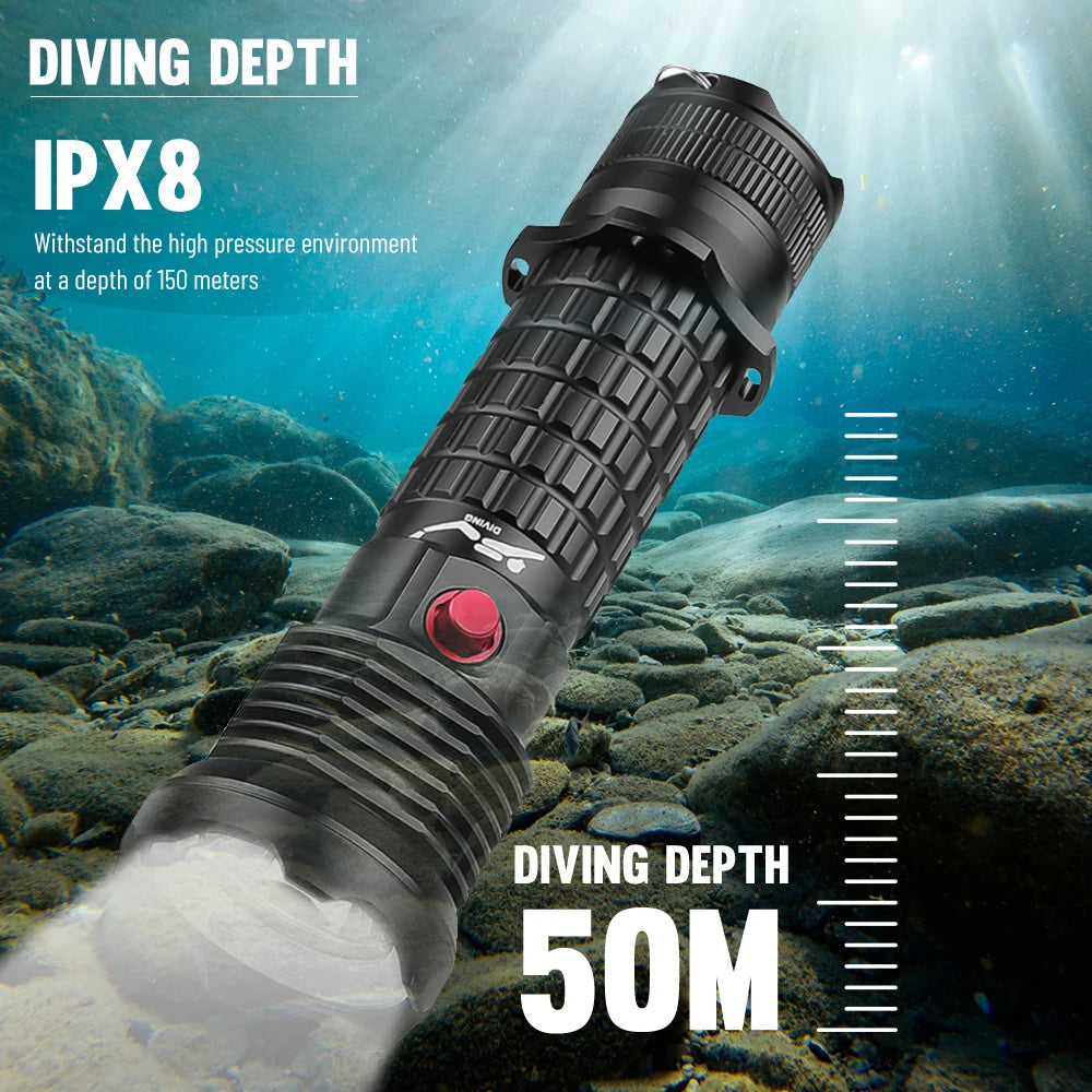 XHP70 LED 50M Underwater Diving Flashlight 1500LM 200M Range IPX8 Waterproof Scuba SOS Light Magnetic Switch Torch
