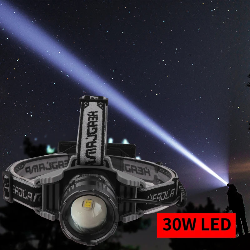 Zoomable XHP160 HeadLamp TYPE-C Rechargeable Strong Light Display Headlight 30W White Laser Headlight For Fishing Camping
