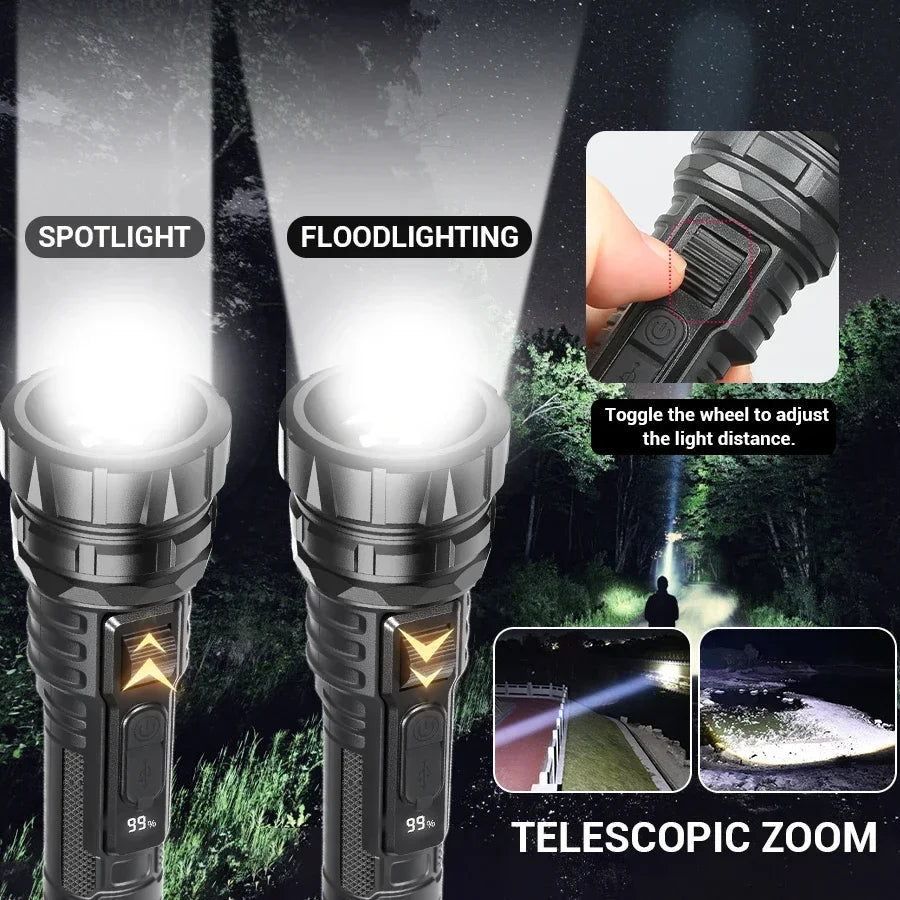 Zoomable Tactical Flashlight USB-C Rechargeable Long Range LED Torch for Hunting/Fishing/Camping (IPX4 Waterproof)