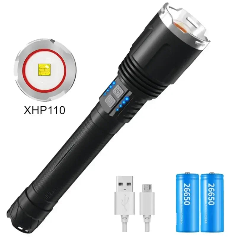 XHP110 Flashlight Powerful Led Light Aluminium Alloy Rechargeable High Power Outdoor Lights 26650 18650 Tactical Strong Lumen