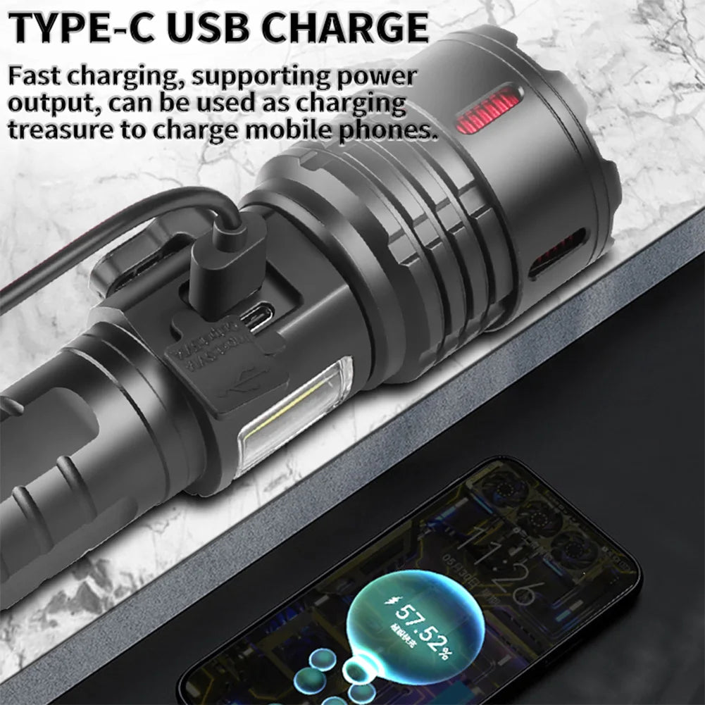 Handheld LED Flashlight with COB Side Light Super Bright Flashlight USB Charging IPX4 Waterproof Power Display for Power Outages