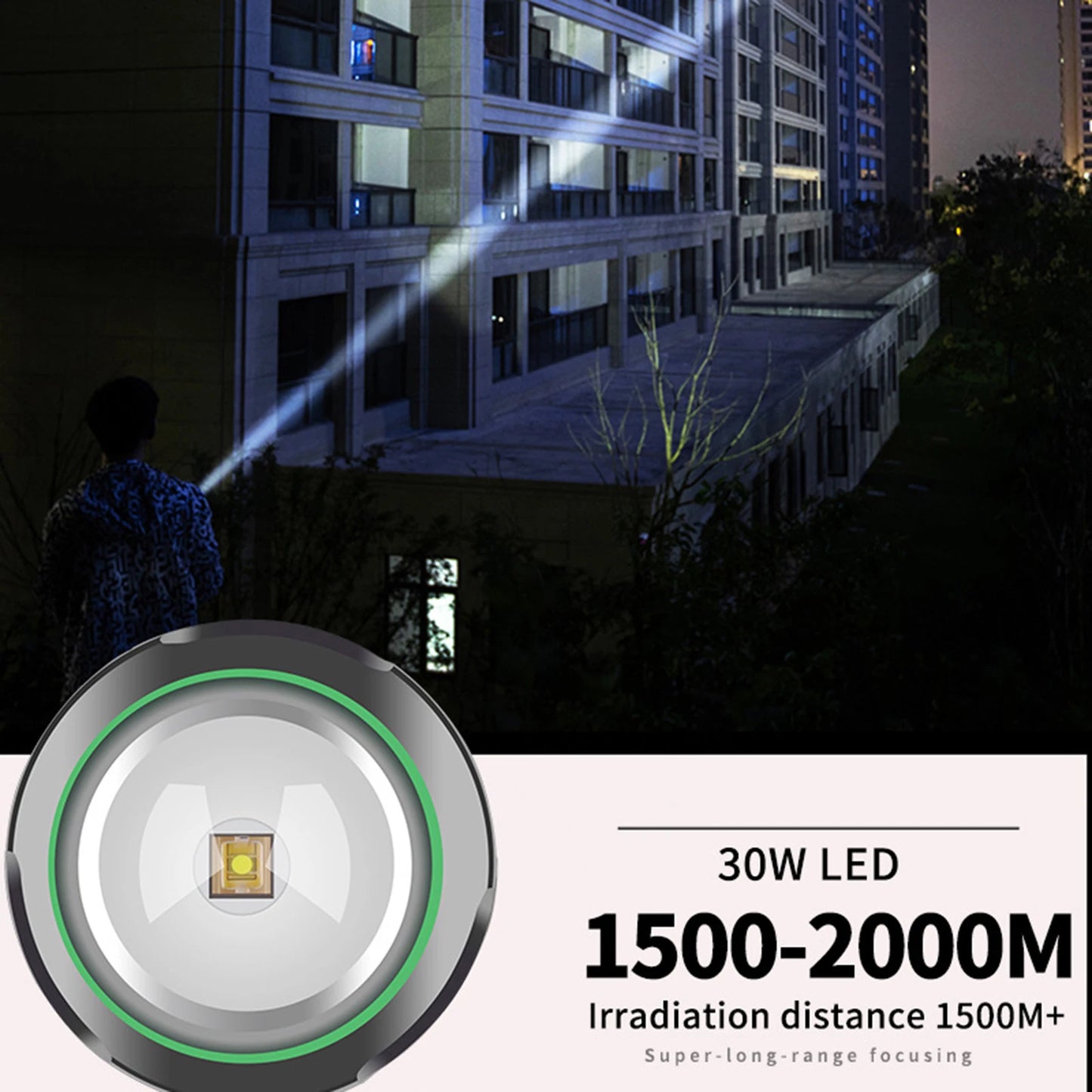 30W White LED Strong Light Flashlight Outdoor Powerful LED Light Rechargeable 2000Meter Long Range Searchlight Zoom Flashlight