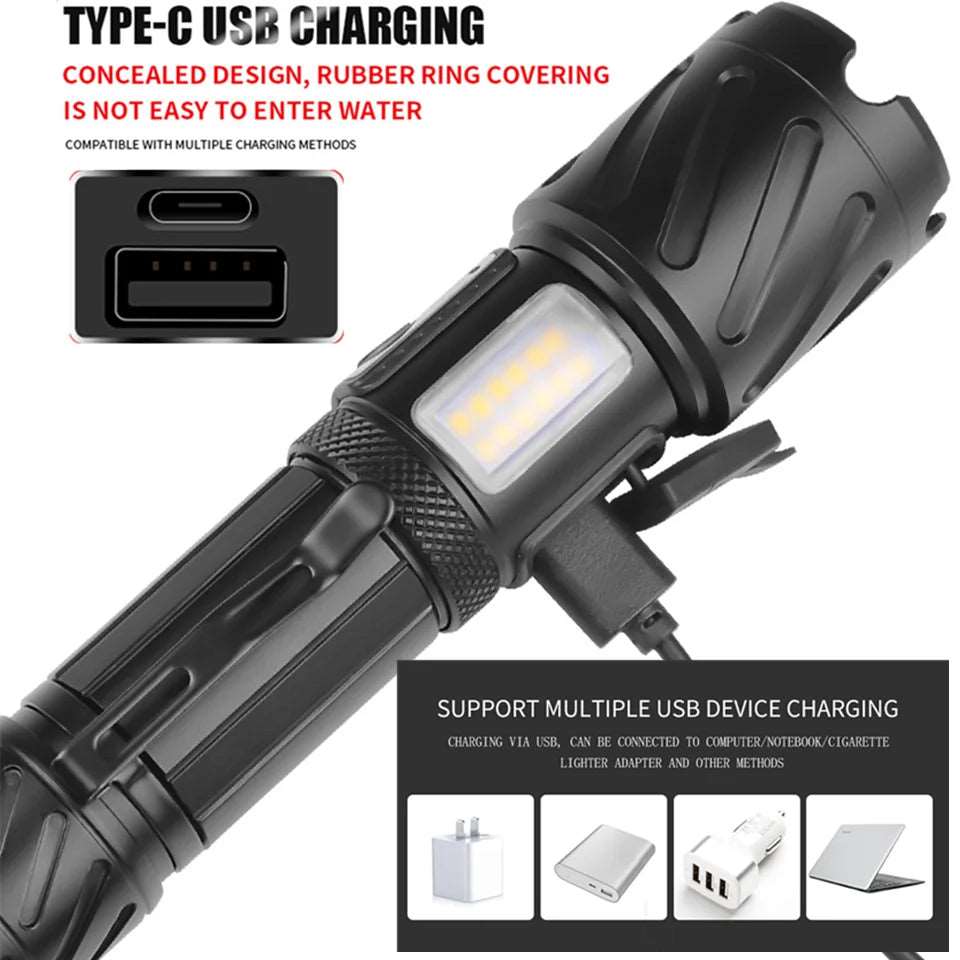Portable Red White Light Flashlight Type-C Charging Zoom XHP99 Warm Light Flash Light Tactics Torches