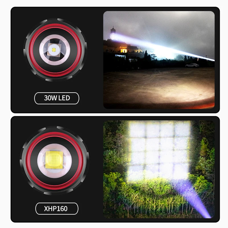The new 30W fluorescent cool zoom telephoto metal switch outdoor strong light XHP160 flashlight to send 26650, 10000 mAh battery