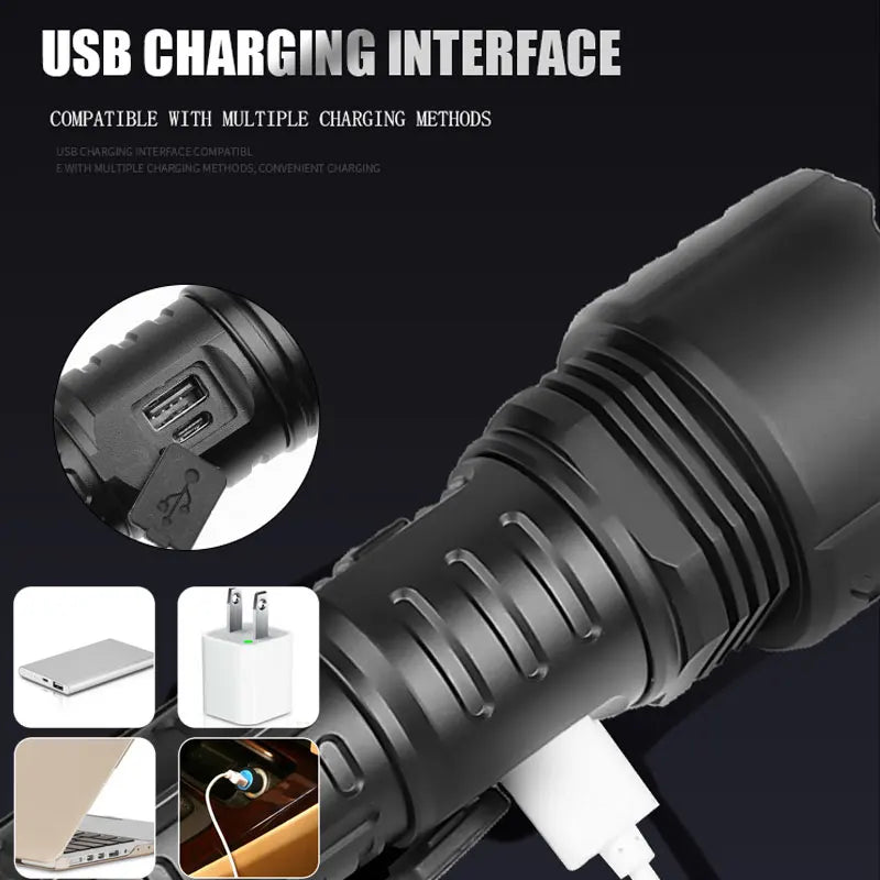 Powerful 4 Core XHP90 LED Flashlight With Battery Display Portable Torh outdoor waterproof light Suitable for camping, adventure