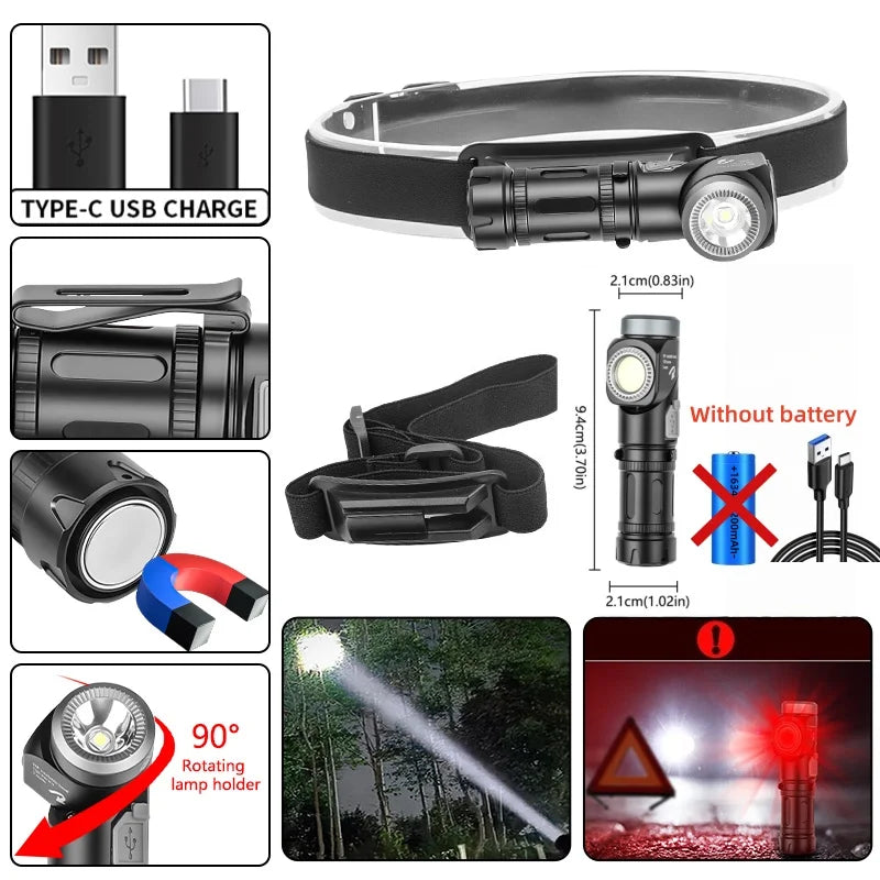 LED+COB waterproof Head Flashlight Type-C Rechargeable 90° Adjustable Portable Headlight Indicator Magnet Tail Camping Torch