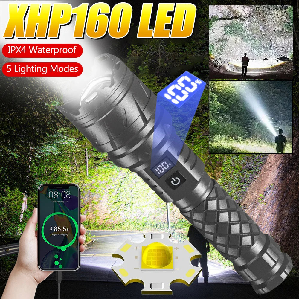 XHP160 Led Flashlight Type-C Powerful Rechargeable with 5 Modes Digital Power Display Self Defense Torch Zoomable Lamp