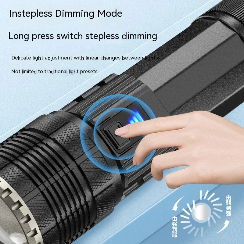 Linterna LED de alta potencia y largo alcance, luz potente, carga USB, batería de litio, zoom telescópico para exteriores, linterna superbrillante
