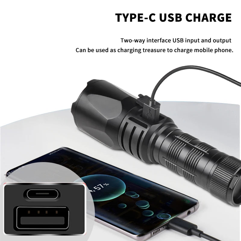Power Bank with Memory function LED Flashlight TYPE-C USB Rechargeable Torch Shot Long Rang Flash light Bright Tactical Lantern