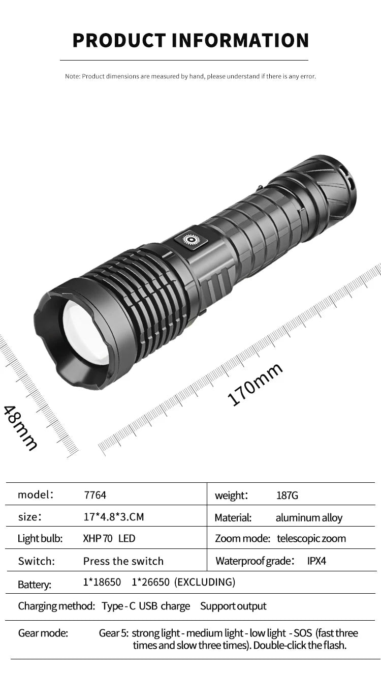 مصباح يدوي LED فائق السطوع XHP70 18650 26650 USB Type-C قابل لإعادة الشحن 1500LM شاشة كهربائية تكبير مقاوم للماء في حالات الطوارئ