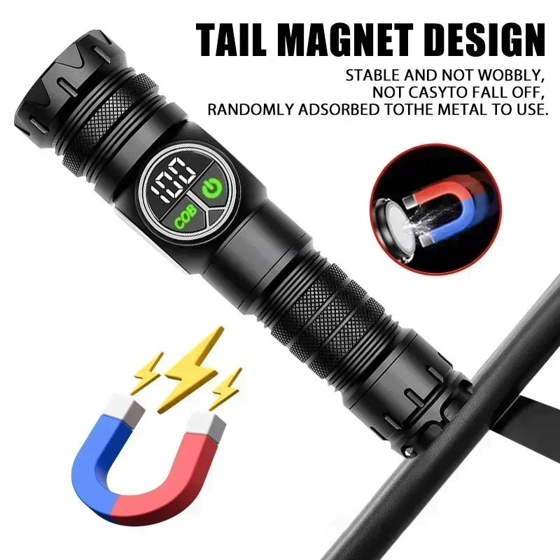 High Power LED Flashlight USB Rechargeable Light Telescopic Zoom Torch Digital Display Tail Magnetic Working Emergency Lantern