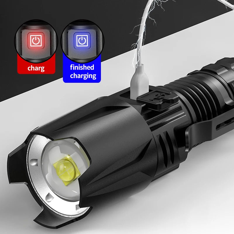 Super Bright 800000LM W308 Led Flashlight Torch USB Rechargeable 18650 Battery Zoomable Aluminum Lantern Light for Camping