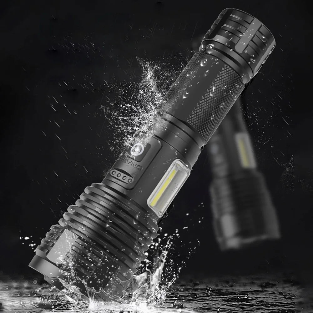 Linterna de alta potencia con luz lateral, linterna de camping de largo alcance con carga USB, resistente al agua IPX4 para cortes de energía