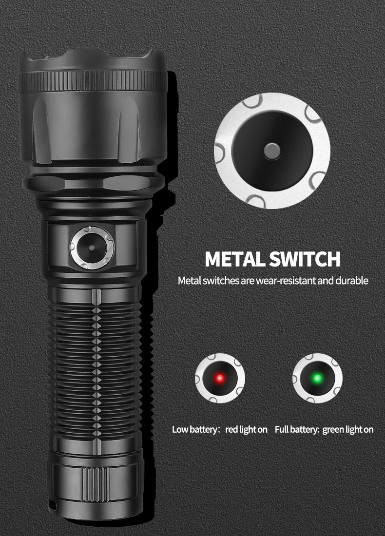 The new 30W fluorescent cool zoom telephoto metal switch outdoor strong light XHP160 flashlight to send 26650, 10000 mAh battery
