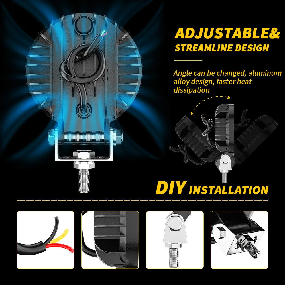 Car LED working light 4-inch round net searchlight A-pillar off-road roof spotlight with DRL